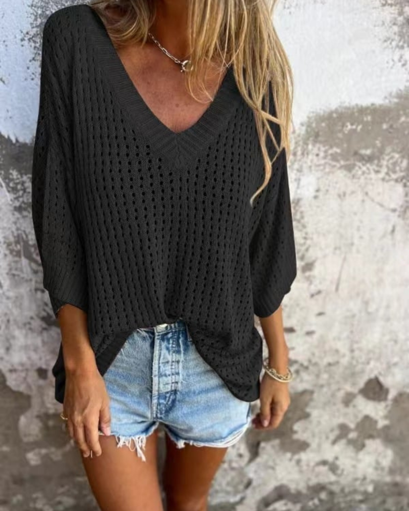 Elegant V-Neck Hollow Knit Top