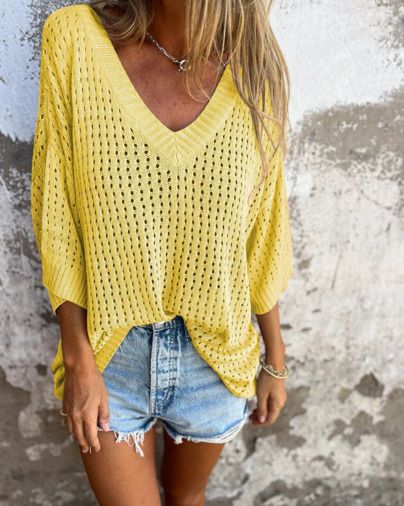 Elegant V-Neck Hollow Knit Top