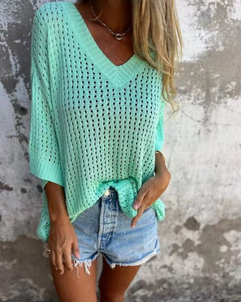 Elegant V-Neck Hollow Knit Top