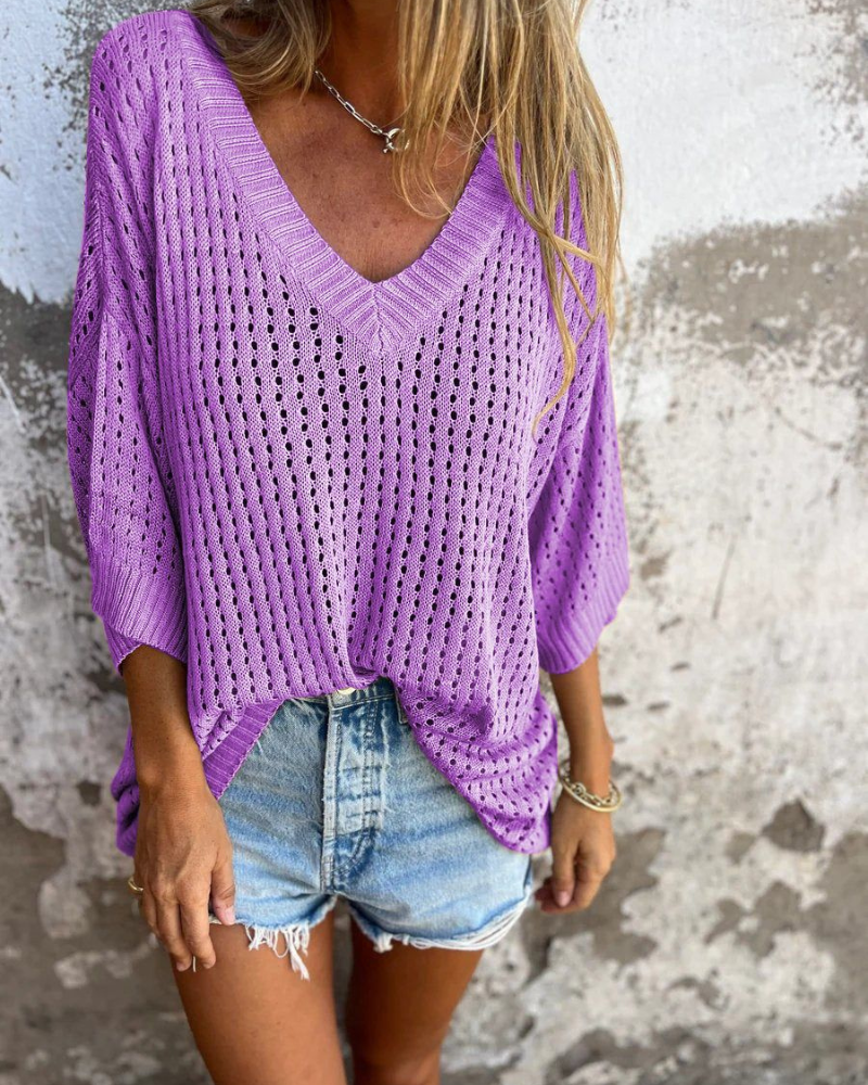 Elegant V-Neck Hollow Knit Top
