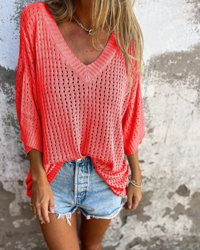 Elegant V-Neck Hollow Knit Top