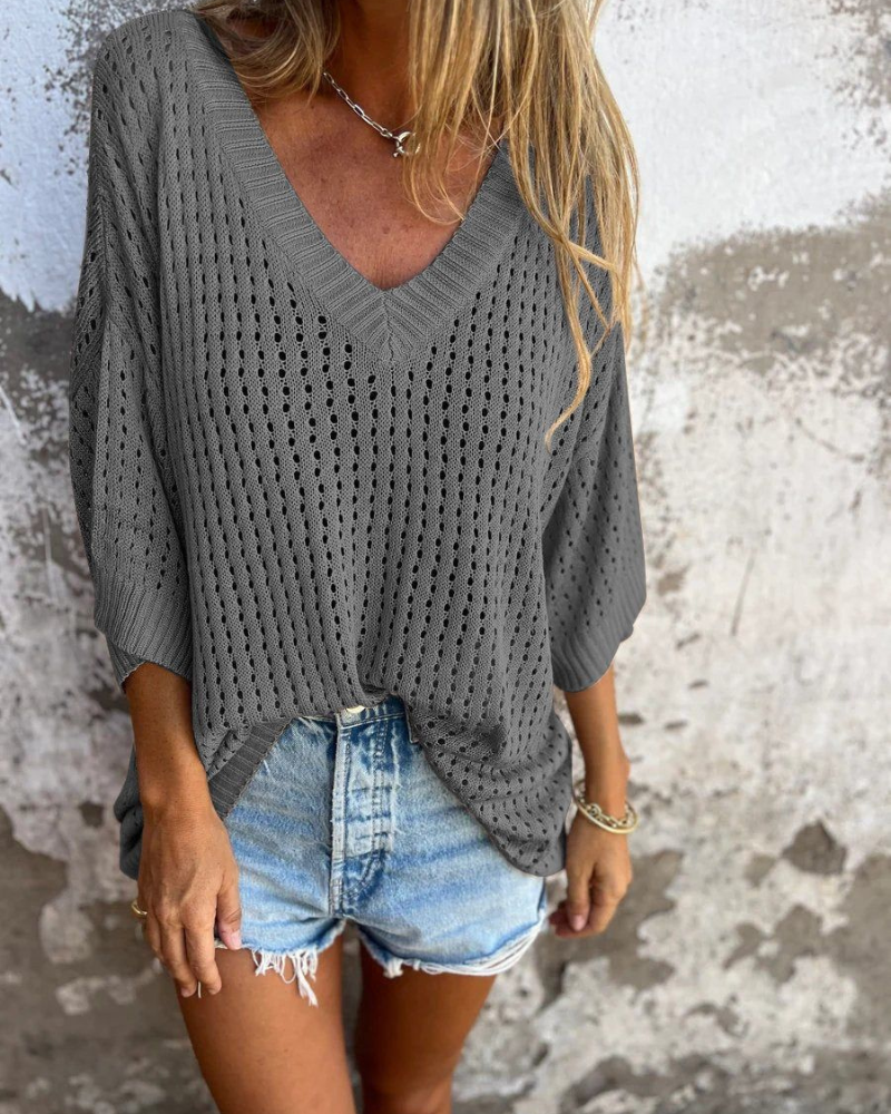 Elegant V-Neck Hollow Knit Top