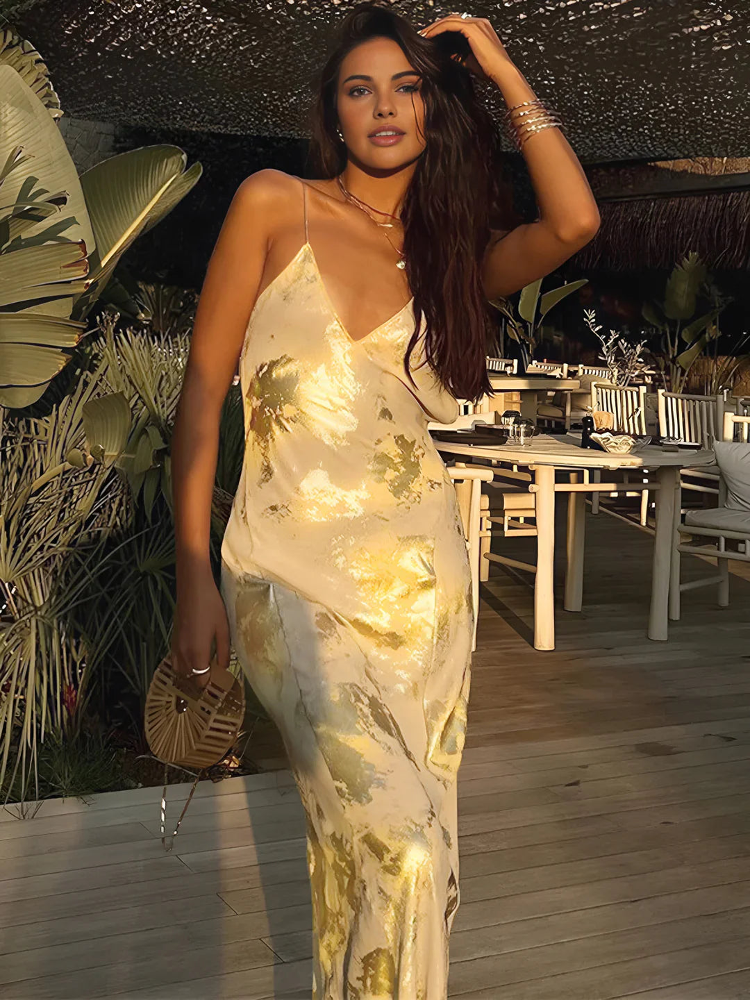 Flattering Metallic Backless Slip Dress