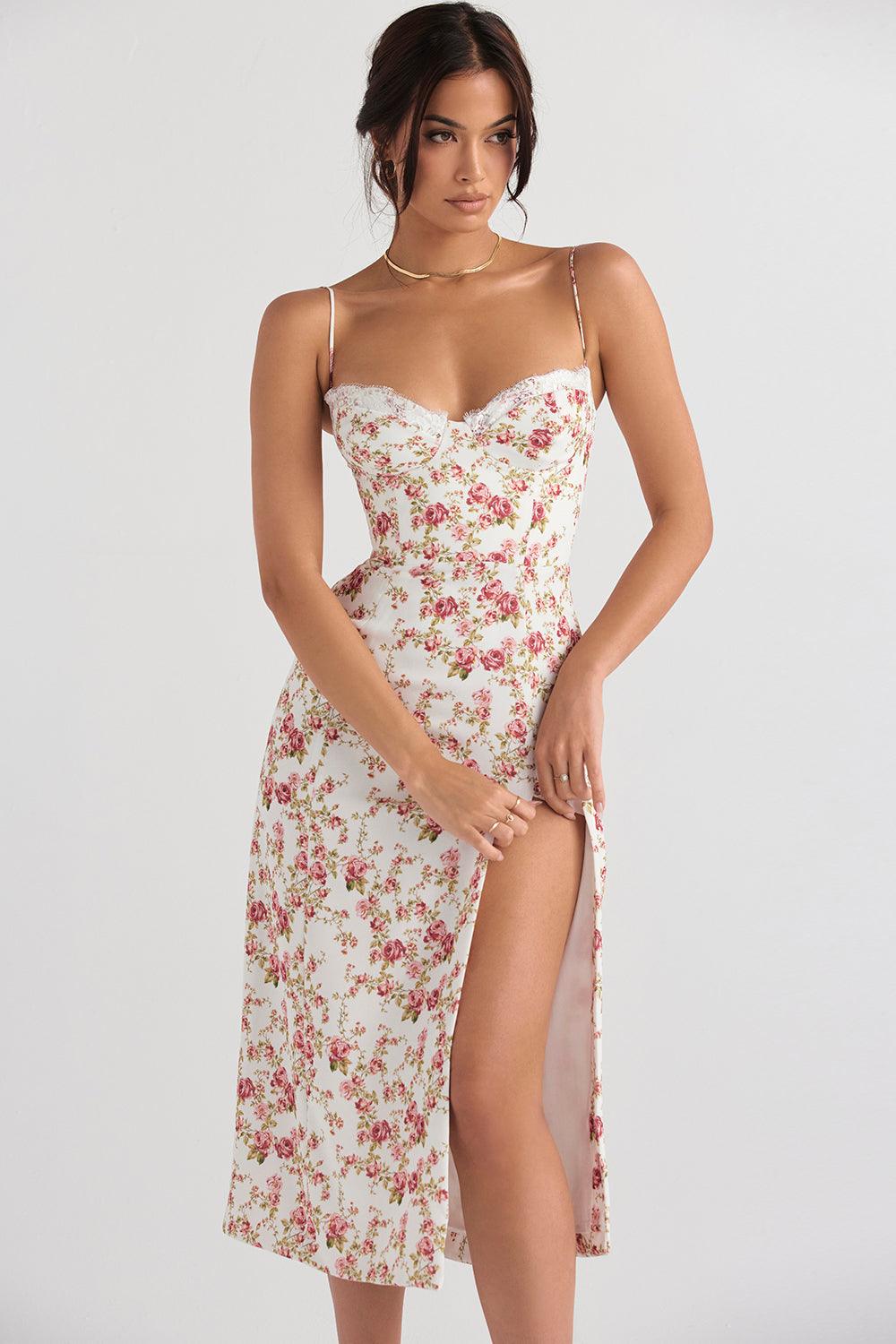 Vintage Rose-Print Midi Dress