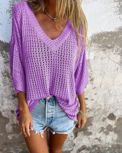 Elegant V-Neck Hollow Knit Top