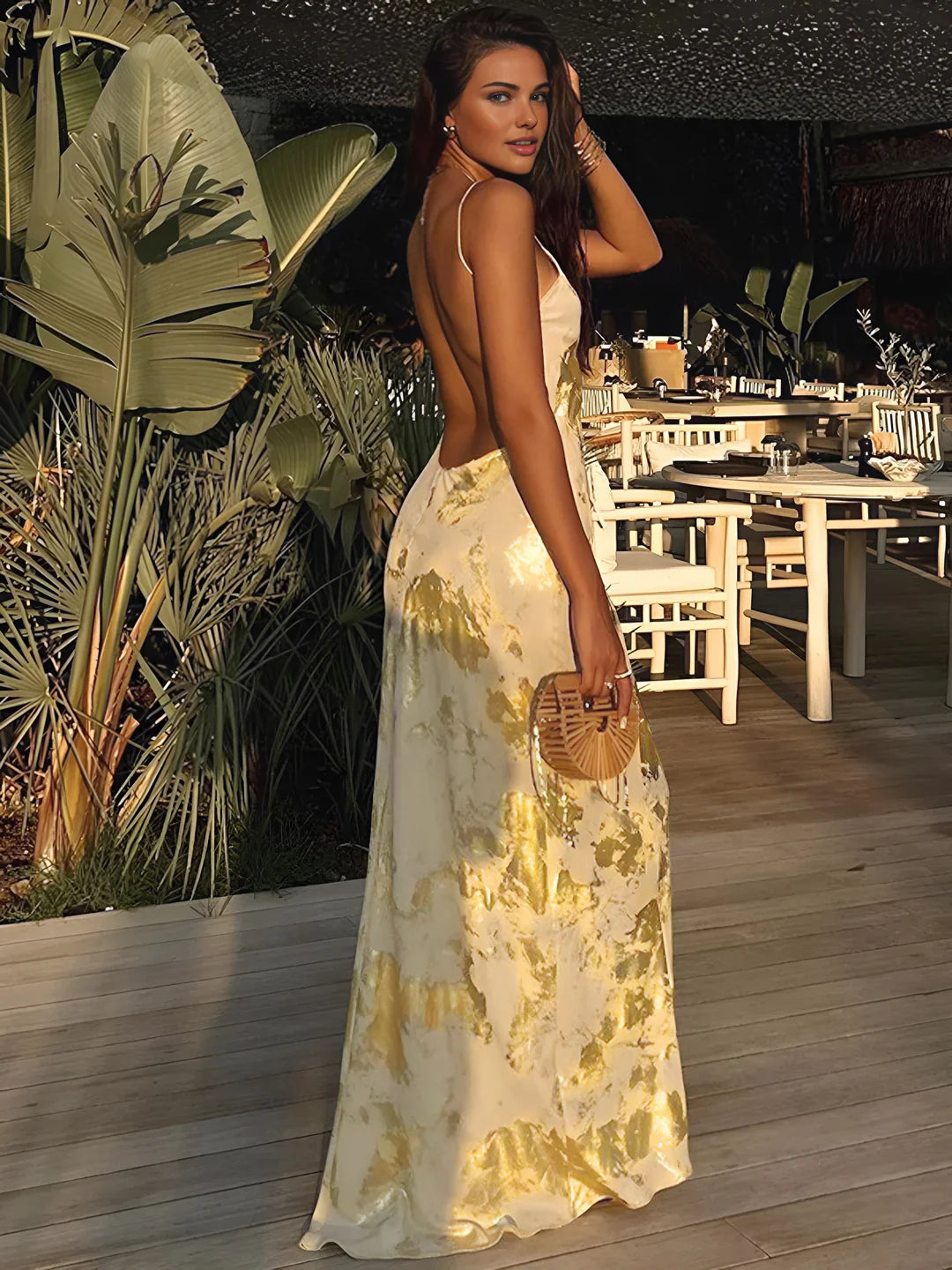 Flattering Metallic Backless Slip Dress