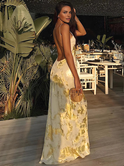 Flattering Metallic Backless Slip Dress